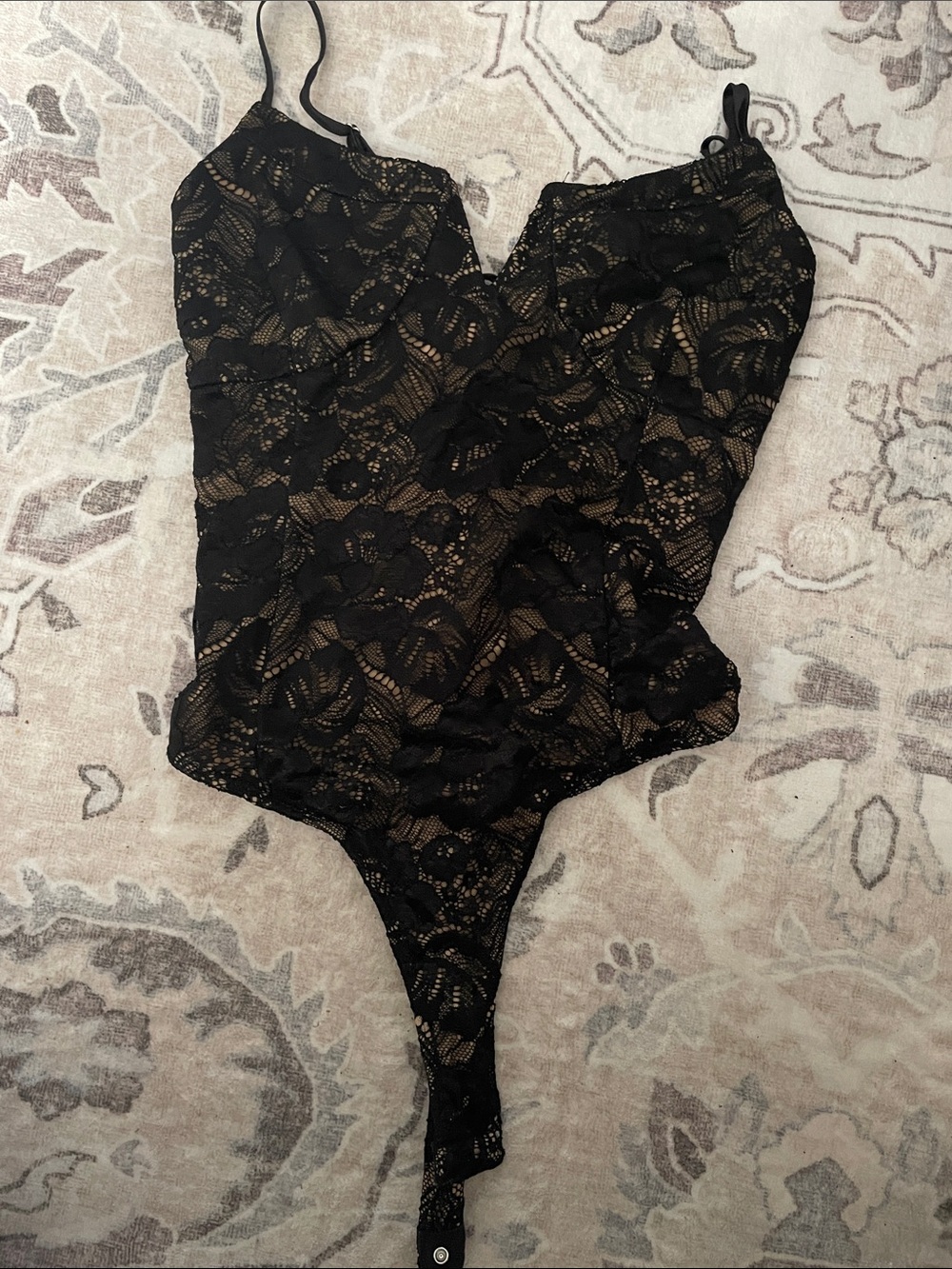 Lulu's Black Lace Bodysuit with Nude Lining